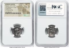 Ancients Roman Imperial Tiberius (AD 14-37). AR denarius (18mm, 3.76 gm, 12h). NGC VF 4/5 - 4/5. Lugdunum, ca. AD 14-17. TI CAESAR DIVI-AVG F AVGVSTVS, laureate head of Tiberius right / PONTIF-MAXIM, 