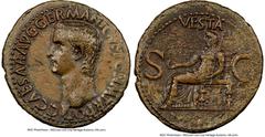 Ancients Roman Imperial Gaius (Caligula) (AD 37-41). AE as (28mm, 10.75 gm, 6h). NGC Choice XF 4/5 - 2/5. Rome, 37-38 AD. C•CAESAR•AVG•GERMANICVS•PON•M•TR•POT, bare head of Caligula left / VESTA, Vest