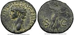 Ancients Roman Imperial Claudius I (AD 41-54). AE as (27mm, 11.45 gm, 6h). NGC VF 4/5 - 3/5. Rome, ca. AD 41-42. TI CLAVDIVS CAESAR AVG P M TR•P•IMP, bare head of Claudius I left / Minerva advancing r