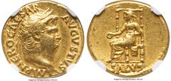 Ancients Roman Imperial Nero, as Augustus (AD 54-68). AV aureus (18mm, 7.28 gm, 6h). NGC Choice VF 5/5 - 4/5. Rome, AD 66-67. IMP NERO CAESAR-AVGVSTVS, laureate head of Nero right / SALVS, Salus seate