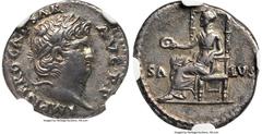 Ancients Roman Imperial Nero, as Augustus (AD 54-68). AR denarius (18mm, 3.29 gm, 5h). NGC Choice XF 4/5 - 3/5. Rome, AD 64-68. IMP NERO CAESAR-AVG P P, laureate head of Nero right / SA-LVS, Salus sea