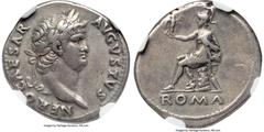 Ancients Roman Imperial Nero, as Augustus (AD 54-68). AR denarius (18mm, 3.39 gm, 7h). NGC Choice VF 5/5 - 4/5, Fine Style. Rome, ca. AD 64-65. NERO CAESAR-AVGVSTVS, laureate head of Nero right / ROMA