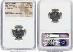 Ancients Roman Imperial Nero, as Augustus (AD 54-68). AR denarius (17mm, 2.75 gm, 6h). NGC Choice Fine 4/5 - 3/5. Rome, ca. AD 65-68. NERO CAESAR-AVGVSTVS, laureate head of Nero right / IVPPITER-CVSTO