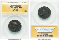 Ancients Roman Imperial Nero, as Augustus (AD 54-68). AE as (26mm, 6h). ANACS VF 35. Lugdunum, AD 65. IMP NERO CAESAR•AVG P MAX TR P P P, bare head of Nero right left / Victory flying left, shield ins