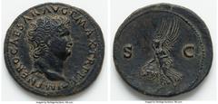 Ancients Roman Imperial Nero, as Augustus (AD 54-68). AE as (30mm, 10.95 gm, 6h). Choice VF, altered surface. Lugdunum, AD 66. IMP NERO CAESAR AVG P MAX TR POT P P, bare head of Nero right, globe at p