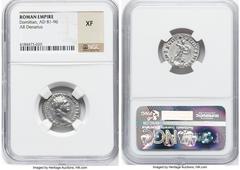 Ancients Roman Imperial Domitian, as Augustus (AD 81-96). AR denarius (19mm, 7h). NGC XF. Rome, 14 September AD 88-13 September AD 89. IMP CAES DOMITIANVS AVG GERM P M TR P VIII, laureate head of Domi