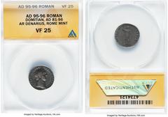 Ancients Roman Imperial Domitian, as Augustus (AD 81-96). AR denarius (13mm, 6h). ANACS VF 25. Rome, AD 90/1. IMP CAES DOMIT AVG-GERM P M TR P VIIII, laureate head of Domitian right / IMP XXI COS XV C