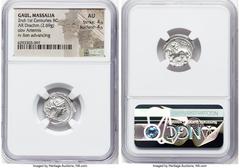 Ancients Greek GAUL. Massalia. Ca. 2nd-1st centuries BC. AR drachm (17mm, 2.69 gm, 6h). NGC AU 4/5 - 4/5. Draped bust of Artemis right, seen from front, wearing stephane, triple pendant earring and ne