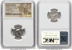 Ancients Roman Imperial Tiberius (AD 14-37). AR denarius (17mm, 3.81 gm, 8h). NGC XF 4/5 - 3/5. Lugdunum, ca. AD 15-18. TI CAESAR DIVI-AVG F AVGVSTVS, laureate head of Tiberius right / PONTIF-MAXIM, L