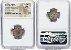 Ancients Roman Imperial Trajan (AD 98-117). AR denarius (19mm, 3.34 gm, 7h). NGC Choice AU 5/5 - 4/5. Rome, 103-111 AD. IMP TRAIANO AVG GER DAC P M TR P, laureate bust of Trajan right, drapery on left