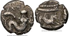 Ancients Greek PHOENICIA. Aradus. Ca. 400-380 BC. AR diobol (13mm, 10h). NGC Choice Fine. Persic standard. Half-length bust of marine deity (Ba'al Arwad) facing, head right, fish in each hand; mem and