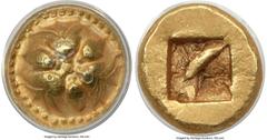 Ancients Greek IONIA. Erythrae (?). Ca. 600-550 BC. EL hemistater (15mm, 7.02 gm). ANACS AU 50. Milesian standard. Floral design of three radially arranged lotus flowers, three buds between; all on a 
