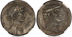Ancients Roman Republic Cleopatra VII and Marc Antony, as Rulers of the East (37-30 BC). AR tetradrachm (26mm, 15.09 gm, 12h). NGC Choice XF 4/5 - 2/5. Syria, Antioch, 36 BC. ΒΑCΙΛΙCCΑ ΚΛЄΟΠΑΤΡΑ ΘЄΑ Ν