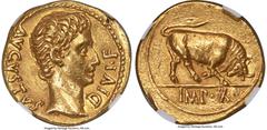 Ancients Roman Imperial Augustus (27 BC-AD 14). AV aureus (19mm, 7.86 gm, 7h). NGC AU 5/5 - 3/5, light marks. Lugdunum, 15-13 BC. AVGVSTVS-DIVI•F, bare head of Augustus right / IMP•X•, bull charging r