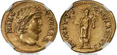 Ancients Roman Imperial Nero, as Augustus (AD 54-68). AV aureus (19mm, 7.34 gm, 6h). NGC AU 5/5 - 3/5, light marks. Rome, ca. AD 64-65. NERO-CAESAR, laureate, bearded head of Nero right / AVGVSTVS-GER