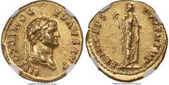 Ancients Roman Imperial Domitian, as Caesar (AD 81-96). AV aureus (19mm, 7.24 gm, 6h). NGC Choice AU 5/5 - 4/5, Fine Style. Rome, AD 75. CAES AVG F-DOMIT COS III, laureate head of Domitian right / PRI