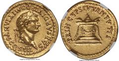 Ancients Roman Imperial Domitian, as Caesar (AD 81-96). AV aureus (19mm, 7.36 gm, 7h). NGC AU 5/5 - 4/5, edge scuffs. Rome, AD 80-81. CAESAR DIVI F DOMITIANVS COS VII, laureate head of Domitian right 
