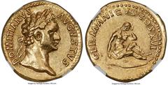 Ancients Roman Imperial Domitian, as Augustus (AD 81-96). AV aureus (19mm, 7.60 gm, 6h). NGC Choice AU 5/5 - 4/5. Rome, AD 92-94. DOMITIANVS-AVGVSTVS, laureate head of Domitian right / GERMANICVS COS 