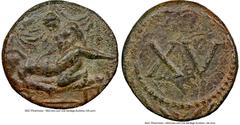 Ancients Roman Imperial Anonymous Issue (ca. 1st century AD). AE spintria tessera (19mm, 4.44 gm, 4h). NGC XF 5/5 - 3/5. Erotic series. Couple on couch: male figure kneeling left over woman lying on b