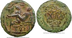 Ancients Roman Imperial Anonymous Issue (ca. 1st century AD). AE spintria tessera (22mm, 3.10 gm, 9h). NGC Choice Fine 4/5 - 3/5. Erotic series. Couple on couch: male figure kneeling right (on left), 