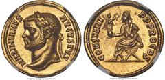 Ancients Roman Imperial Maximian, First Reign (AD 286-310). AV aureus (19mm, 5.32 gm, 7h). NGC Choice MS 5/5 - 4/5. Antioch, AD 290-293. MAXIMIANVS-AVGVSTVS, laureate bust of Maximian left / CONSVL II