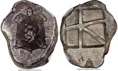 Ancients Greek SARONIC ISLANDS. Aegina. Ca. 457-350 BC. AR stater (21mm, 12.34 gm). NGC Choice XF 5/5 - 3/5, countermark. Ca. 445/4-430 BC. Land tortoise with segmented shell, seen from above / Five-p