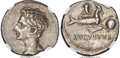 Ancients Roman Imperial Augustus (27 BC-AD 14). AR denarius (19mm, 3.75 gm, 6h). NGC AU 5/5 - 2/5. Spain (Colonia Patricia?), ca. 18-17/16 BC. Bare head of Augustus left; linear border / AVGVSTVS, Cap