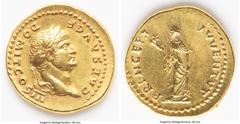 Ancients Roman Imperial Domitian, as Caesar (AD 81-96). AV aureus (21mm, 7.31 gm, 7h). Choice AU, tooling. Rome, AD 75. CAES AVG F-DOMIT COS III, laureate head of Domitian right / PRINCEPS-IVVENTVT, S