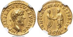 Ancients Roman Imperial Lucius Verus (AD 161-169). AV aureus (19mm, 7.24 gm, 1h). NGC Choice XF 5/5 - 4/5. Rome, March-December AD 161. IMP CAES L AVREL VERVS AVG, laureate head of Lucius Verus right 