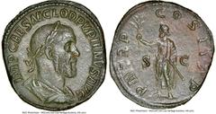 Ancients Roman Imperial Pupienus (April-July AD 238). AE sestertius (30mm, 23.09 gm, 12h). NGC Choice AU 5/5 - 3/5, Fine Style, smoothing. Rome. IMP CAES M CLOD PVPIENVS AVG, laureate, draped, and cui