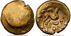 Ancients Celtic EASTERN GAUL. Ambiani. Ca. 59-50 BC. AV stater (16mm, 5.72 gm). NGC Choice XF 4/5 - 3/5, marks. Sills Class 3b, Gallic War issue, ca. 56-55 BC. Blank convex surface / M-shaped disjoint