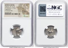 Ancients Roman Imperial Tiberius (AD 14-37). AR denarius (17mm, 3.82 gm, 11h). NGC Choice AU 3/5 - 3/5, brushed. Lugdunum, ca. AD 14-17. TI CAESAR DIVI-AVG F AVGVSTVS, laureate head of Tiberius right 