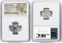 Ancients Roman Imperial Tiberius (AD 14-37). AR denarius (19mm, 3.55 gm, 7h). NGC Choice XF 5/5 - 2/5. Lugdunum, AD 18-35. TI CAESAR DIVI-AVG F AVGVSTVS, laureate head of Tiberius right / PONTIF-MAXIM