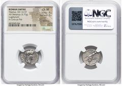 Ancients Roman Imperial Tiberius (AD 14-37). AR denarius (18mm, 3.77 gm, 2h). NGC Choice XF 4/5 - 3/5, brushed. Lugdunum, ca. AD 14-17. TI CAESAR DIVI-AVG F AVGVSTVS, laureate head of Tiberius right /