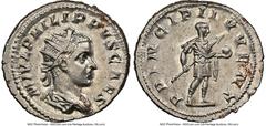 Ancients Roman Imperial Philip II, as Caesar (AD 247-249). AR antoninianus (22mm, 4.96 gm, 6h). NGC MS 3/5 - 4/5. Rome, AD 244-246. M IVL PHILIPPVS CAES, radiate, draped bust of Philip II right, seen 