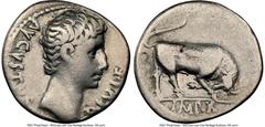 Ancients Roman Imperial Augustus (27 BC-AD 14). AR denarius (18mm, 3.61 gm, 7h). NGC Choice Fine 5/5 - 3/5, brushed. Lugdunum, ca. 15-13 BC. AVGVSTVS-DIVI•F, bare head of Augustus right / IMP•X, bull 