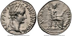 Ancients Roman Imperial Tiberius (AD 14-37). AR denarius (18mm, 3.90 gm, 3h). NGC Choice VF 4/5 - 3/5, brushed. Lugdunum, AD 18-35. TI CAESAR DIVI-AVG F AVGVSTVS, laureate head of Tiberius right / PON