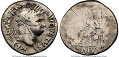 Ancients Roman Imperial Nero (AD 54-68). AR denarius (18mm, 5h). NGC VG, scuffs, brushed, scratches. Rome, AD 65-66. NERO CAESAR-AVGVSTVS, laureate head of Nero right / SALVS, Salus enthroned left, ri