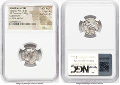 Ancients Roman Imperial Tiberius (AD 14-37). AR denarius (18mm, 3.70 gm, 5h). NGC Choice AU 4/5 - 3/5. Lugdunum, ca. AD 15-18. TI CAESAR DIVI-AVG F AVGVSTVS, laureate head of Tiberius right / PONTIF-M