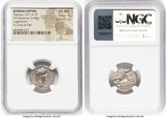 Ancients Roman Imperial Tiberius (AD 14-37). AR denarius (18mm, 3.65 gm, 9h). NGC Choice AU 4/5 - 2/5. Lugdunum, ca. AD 15-18. TI CAESAR DIVI-AVG F AVGVSTVS, laureate head of Tiberius right / PONTIF-M