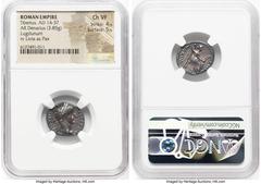 Ancients Roman Imperial Tiberius (AD 14-37). AR denarius (18mm, 3.85 gm, 7h). NGC Choice VF 4/5 - 5/5. Lugdunum, ca. AD 15-18. TI CAESAR DIVI-AVG F AVGVSTVS, laureate head of Tiberius right / PONTIF-M