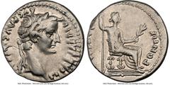 Ancients Roman Imperial Tiberius (AD 14-37). AR denarius (18mm, 3.81 gm, 7h). NGC Choice VF 4/5 - 3/5. Lugdunum, ca. AD 14-17. TI CAESAR DIVI-AVG F AVGVSTVS, laureate head of Tiberius right / PONTIF-M