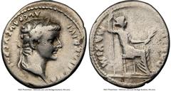 Ancients Roman Imperial Tiberius (AD 14-37). AR denarius (18mm, 3.63 gm, 5h). NGC Fine 4/5 - 3/5, brushed. Lugdunum, ca. AD 15-18. TI CAESAR DIVI-AVG F AVGVSTVS, laureate head of Tiberius right / PONT