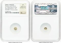 Ancients Greek IONIA. Ephesus. Phanes (ca. 625-600 BC). EL 1/24 stater or myshemihecte (7mm, 0.59 gm). NGC VF 5/5 - 5/5. Forepart of stag left, head reverted / Abstract geometric pattern within incuse