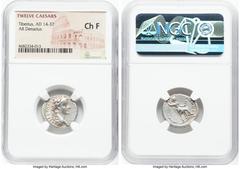 Ancients Roman Imperial Tiberius (AD 14-37). AR denarius (18mm, 11h). NGC Choice Fine. Lugdunum, ca. AD 15-18. TI CAESAR DIVI-AVG F AVGVSTVS, laureate head of Tiberius right / PONTIF-MAXIM, Livia, as 