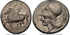 Ancients Greek CORINTHIA. Corinth. Ca. 4th century BC. AR stater (21mm, 8.56 gm, 4h). NGC Choice XF 4/5 - 3/5, scratches. Pegasus flying left, Ϙ below / Head of Athena left, wearing beaded necklace an