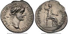 Ancients Roman Imperial Tiberius (AD 14-37). AR denarius (19mm, 3.80 gm, 11h). NGC XF 4/5 - 2/5. Lugdunum, ca. AD 15-18. TI CAESAR DIVI-AVG F AVGVSTVS, laureate head of Tiberius right / PONTIF-MAXIM, 