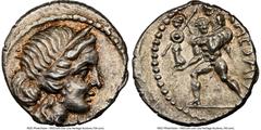Ancients Roman Republic Julius Caesar, as Dictator (49-44 BC). AR denarius (17mm, 3.74 gm, 5h). NGC AU 4/5 - 4/5. Military mint traveling with Caesar in North Africa, ca. 48-46 BC. Diademed head of Ve