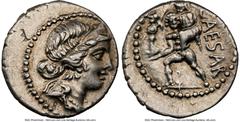 Ancients Roman Republic Julius Caesar, as Dictator (49-44 BC). AR denarius (18mm, 3.85 gm, 6h). NGC Choice XF 4/5 - 3/5, bankers mark. Military mint traveling with Caesar in North Africa, ca. 48-46 BC