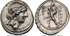 Ancients Roman Republic Julius Caesar, as Dictator (49-44 BC). AR denarius (19mm, 3.93 gm, 6h). NGC XF 5/5 - 3/5, bankers mark. Military mint traveling with Caesar in North Africa, ca. 48-46 BC. Head 